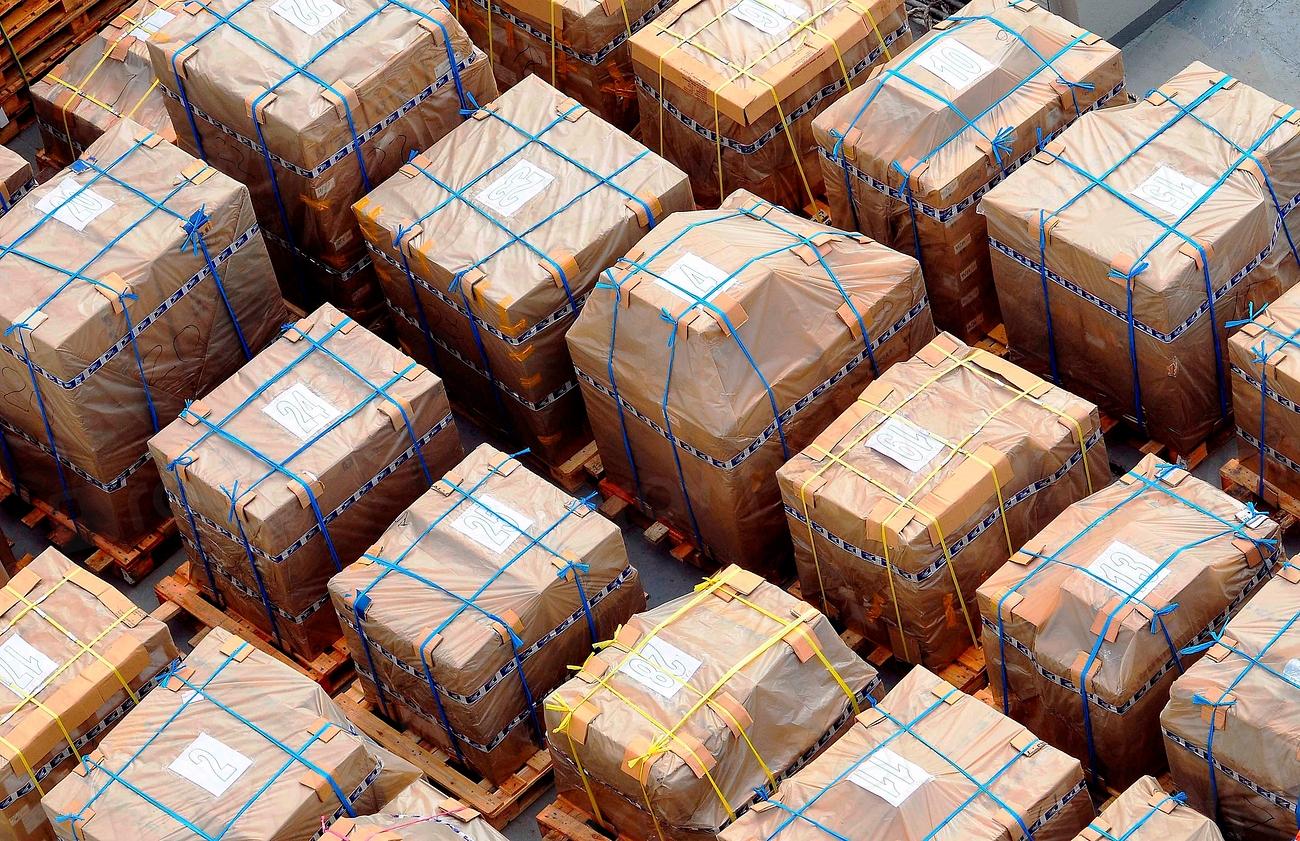 Palletised medical supplies staged for shipment