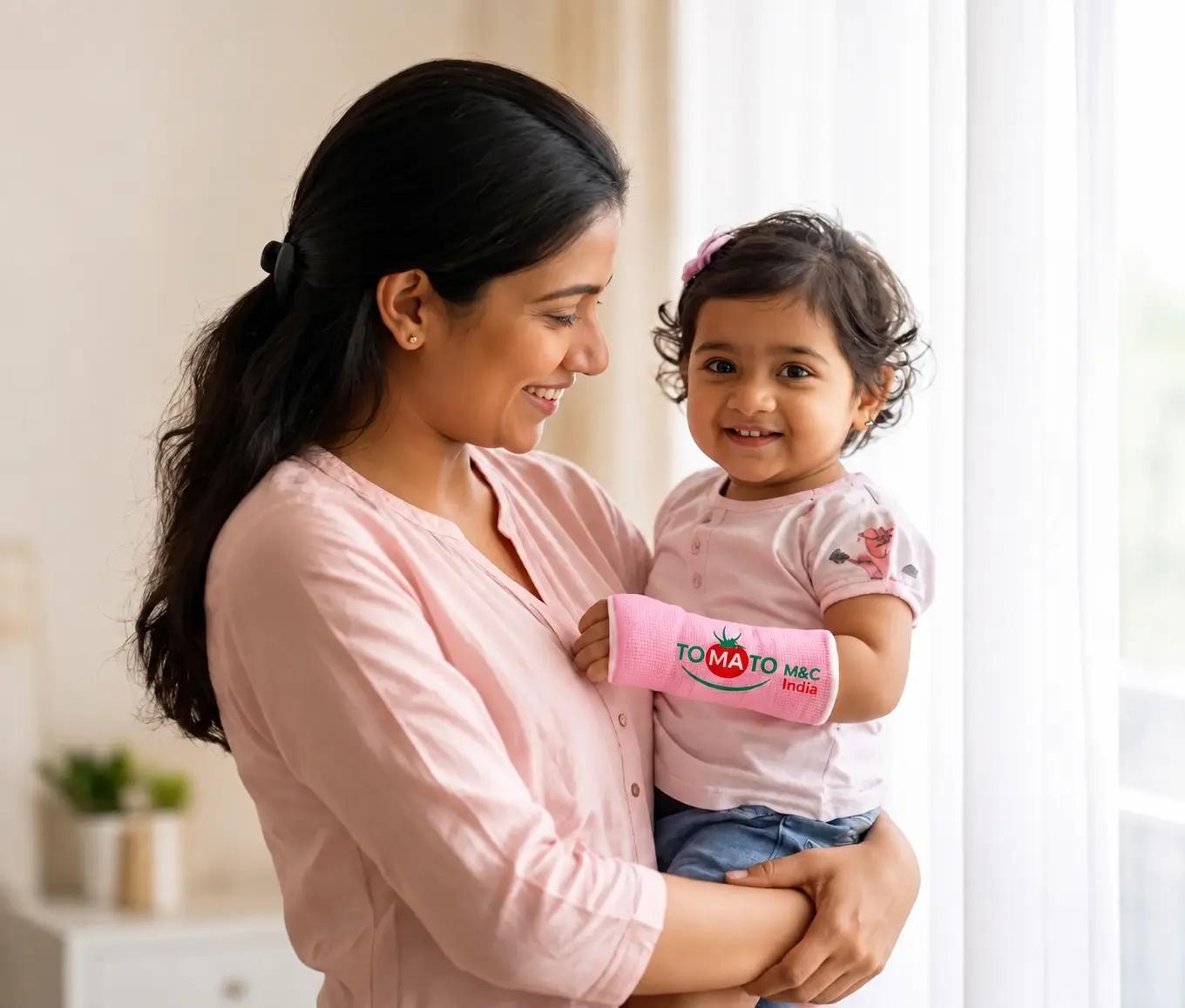 A child wearing a Tomato M&C India casting tape cast